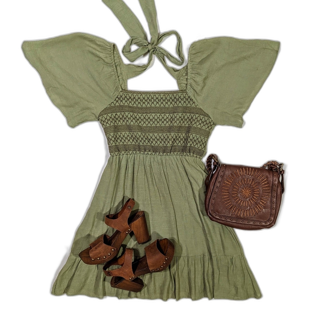 Sage Green Smocked Tie Back Ruffle Hem Mini Dress Size S